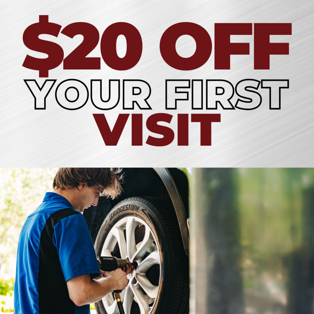 Ad with the words $20 off your first visit showing a mechanic in a blue short adjusting a tire. Schedule your auto service appointment.