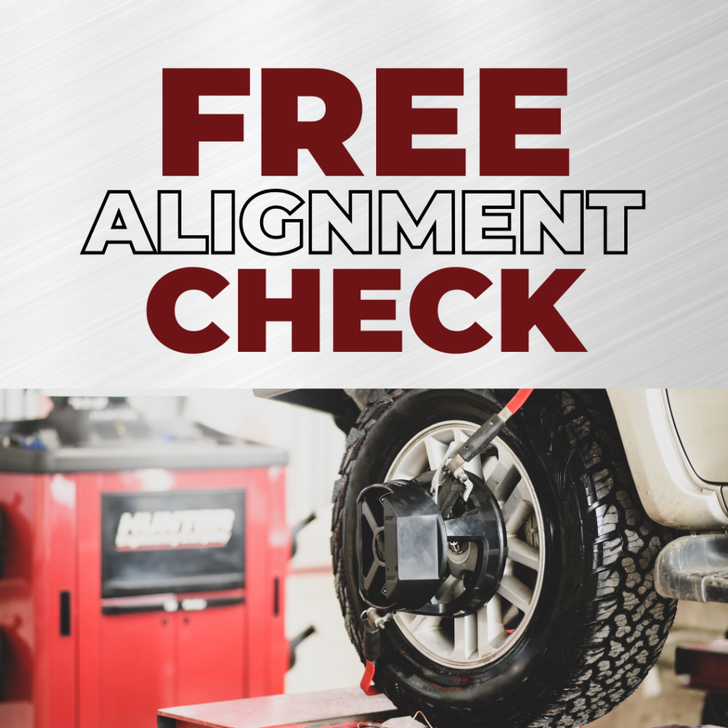 Ad with the words "Free Alignment Check" showing a car brake alignment in an shop for auto repair in Safety Harbor